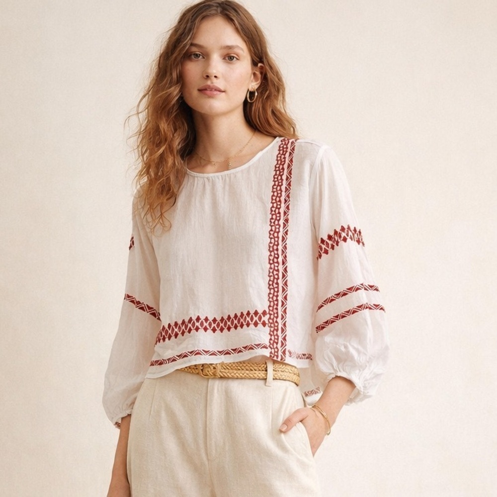 Joie Boho White Semi-Sheer Button-Back Bishop-Sleeved Embroidered Peasant top